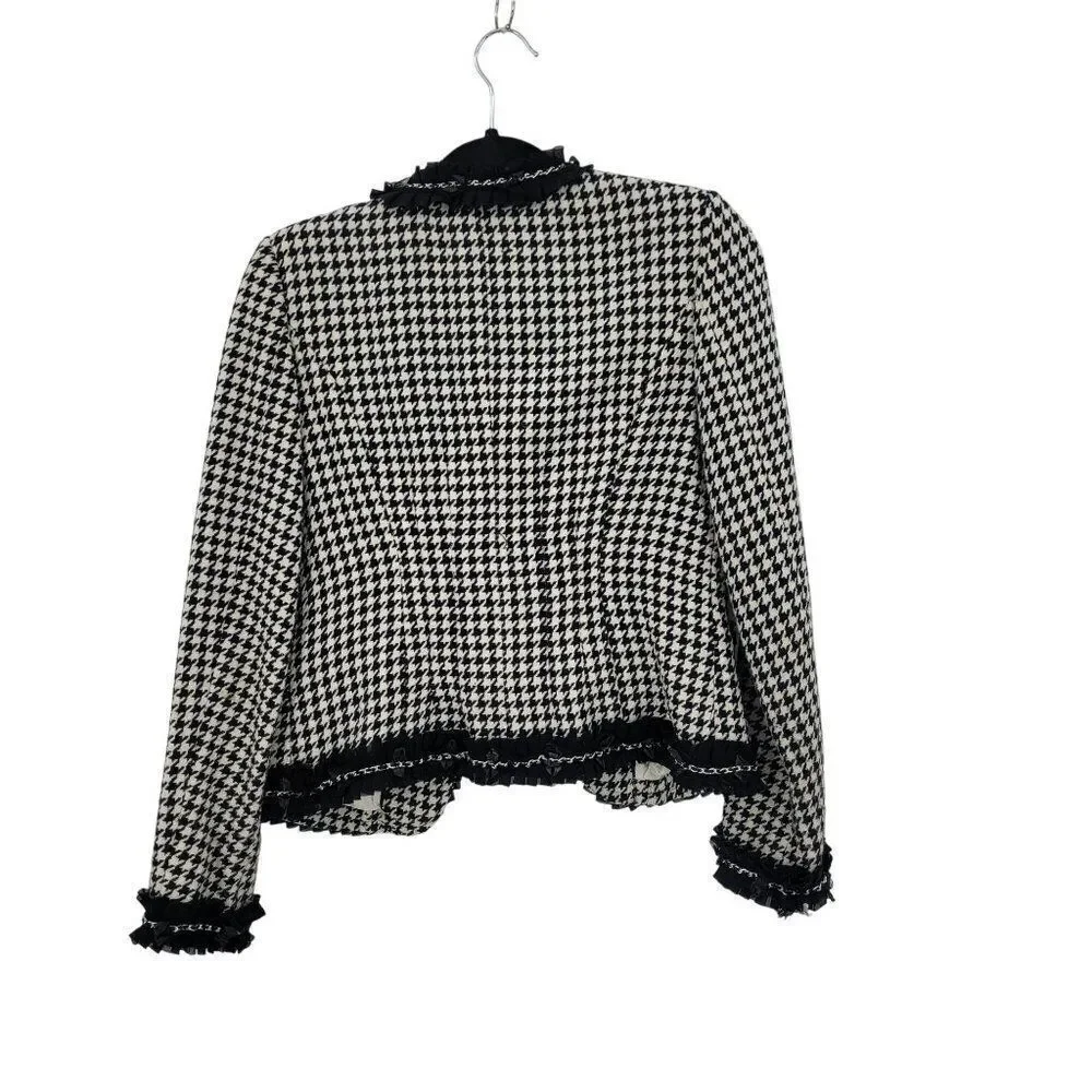 WHBM  Womens Wool Blend Houndstooth Blazer Sz‎ 2 Ruffle Chain Fringe Trim Black